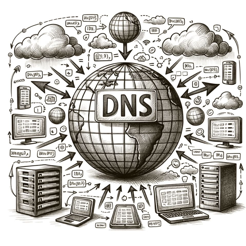 Earth with the label DNS and multiple devices pointing to it