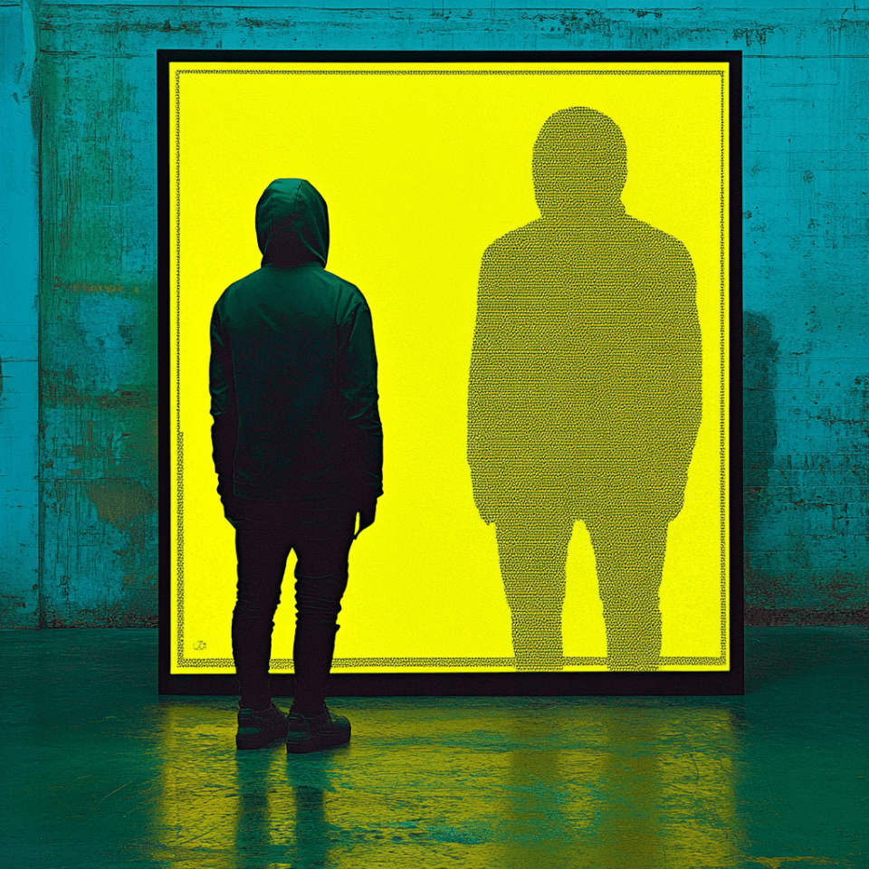 A person standing and facing a giant mirror that reflects a an outline of their body