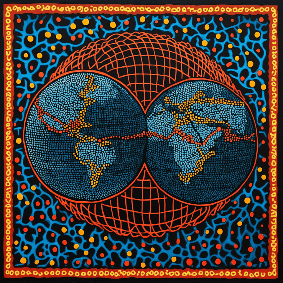 An illustration of two earth globes with interconnecting lines around them signifying internet traffic