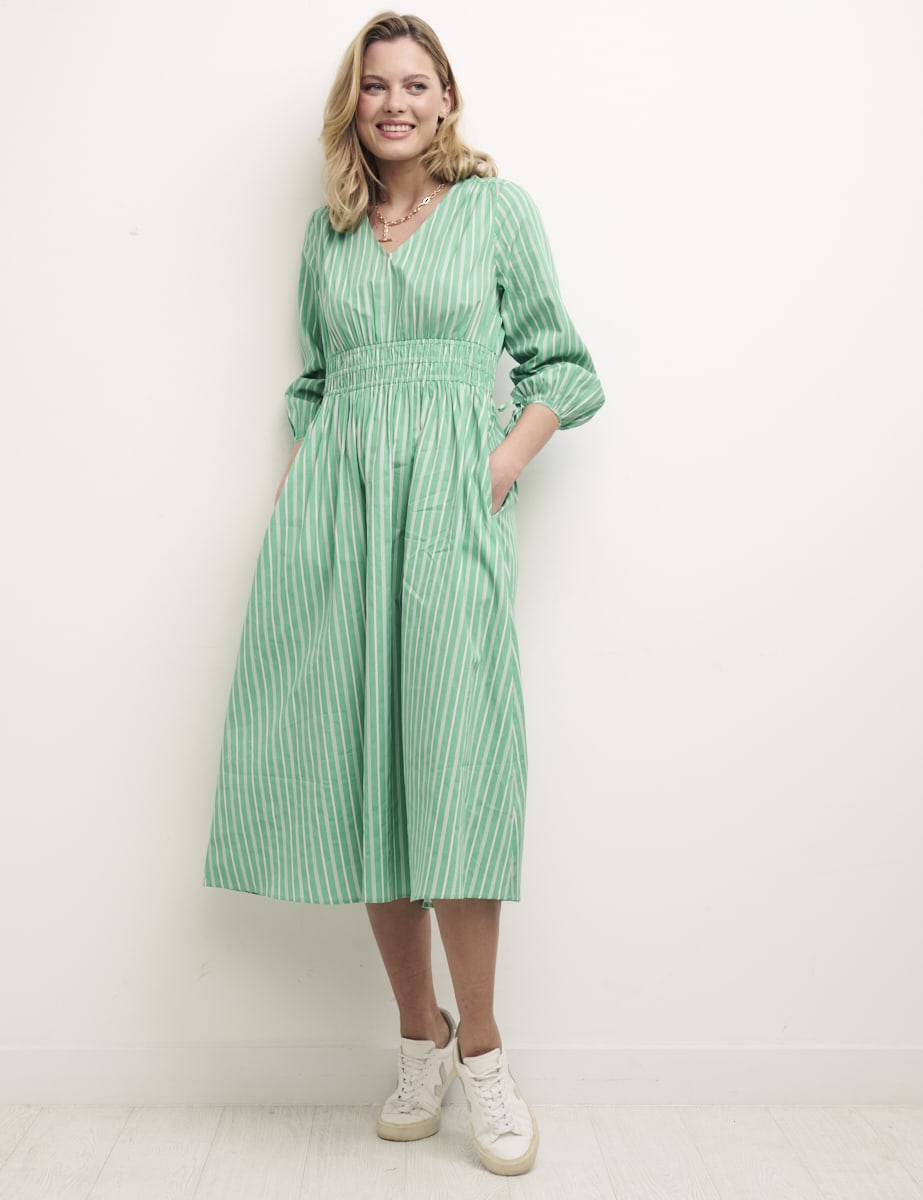Green Stripe Long Sleeved Cassie Midi Dress | Nobody's Child