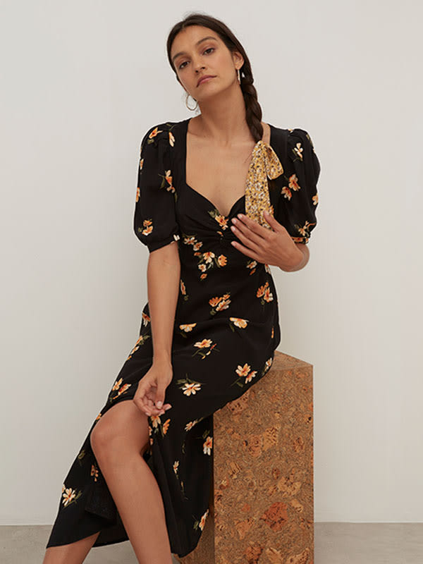 Black and Yellow Floral Rosie Midi Dress
