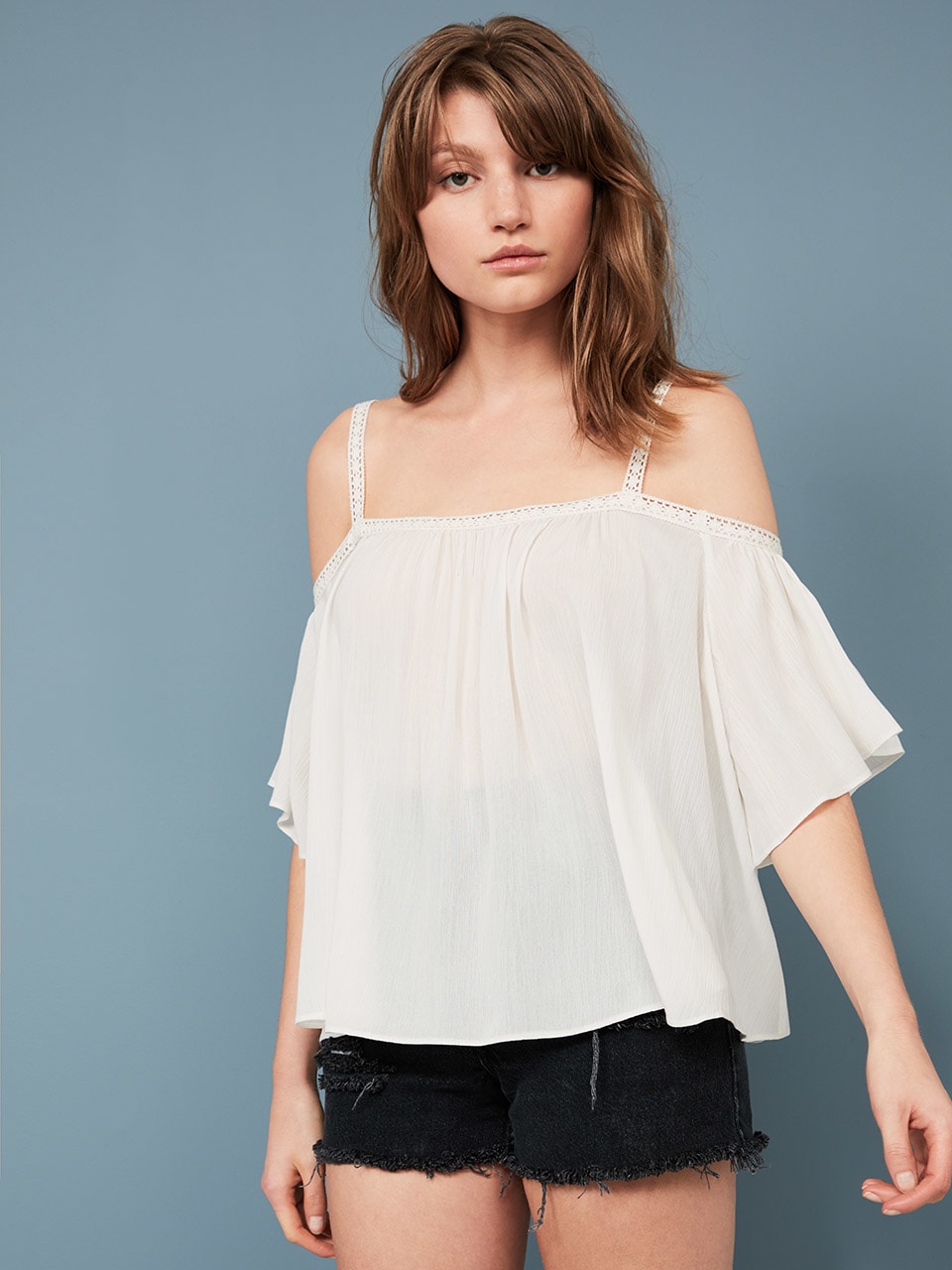 Cream Cheesecloth Crochet Cold Shoulder Top