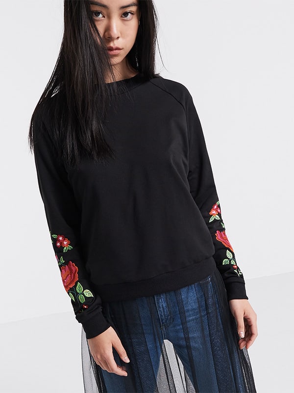Black Embroidered Sweat Top