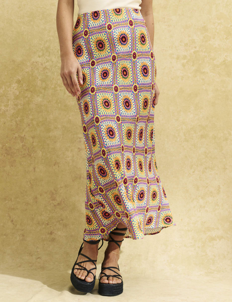Sunflower Crochet Print Mila Satin Slip Midi Skirt