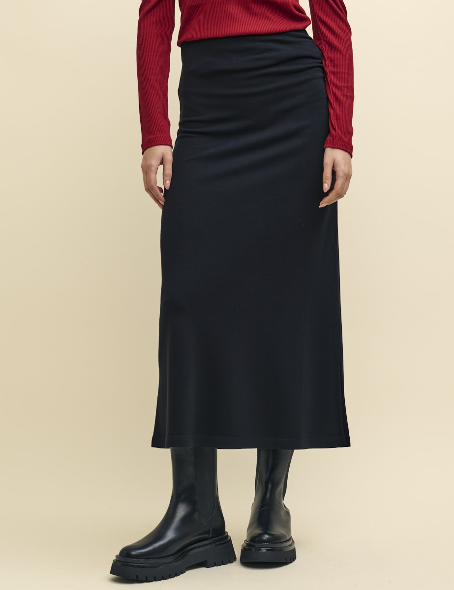Black Jersey Ruched Midi Skirt