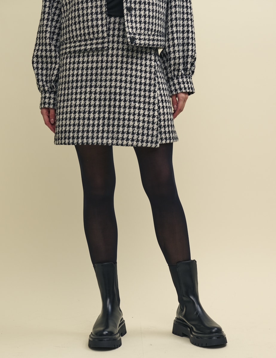Black and White Houndstooth Tailored Mini Skirt