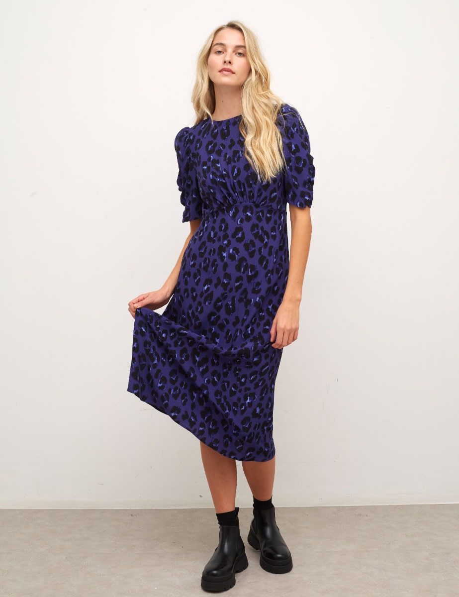Purple Leopard Evie Ruched Sleeve Midi Dress