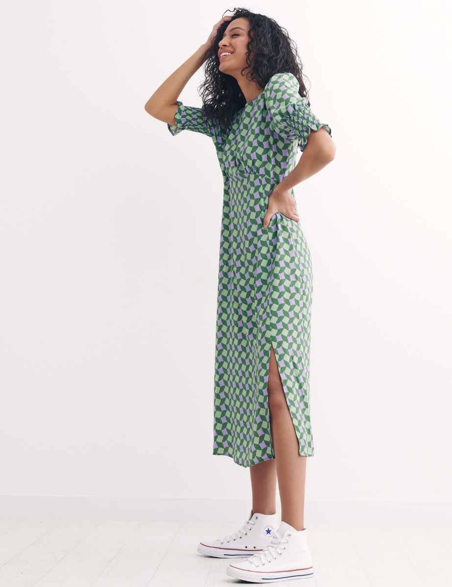 Green Geometric Print Luna Midi Dress