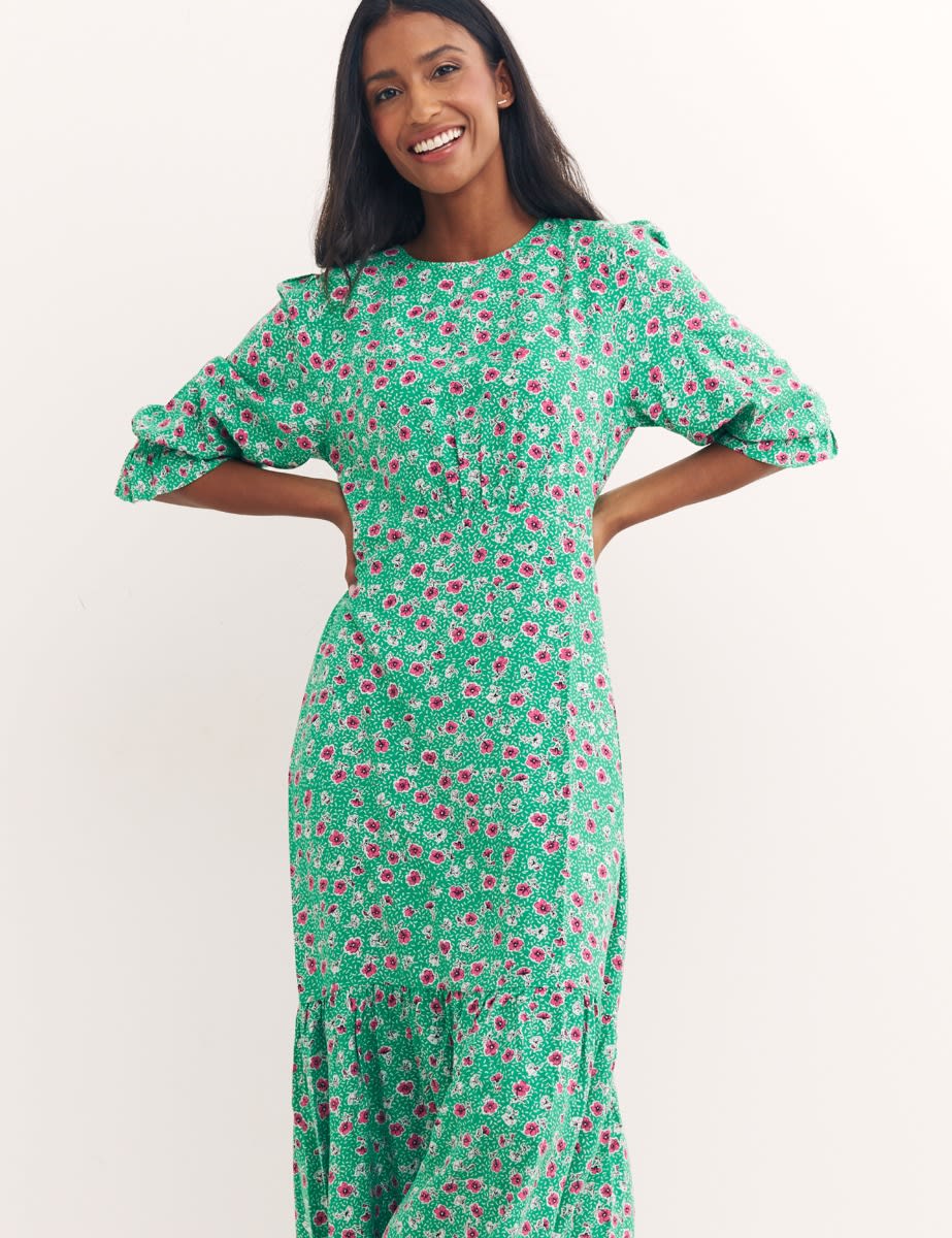 Green Ditsy Floral Print Selena Midi Dress