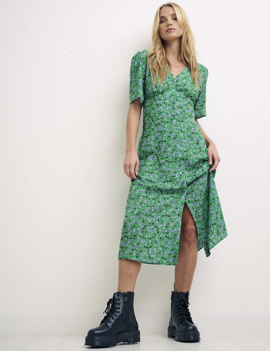 Cherry Print Alexa Shirring Midi Dress