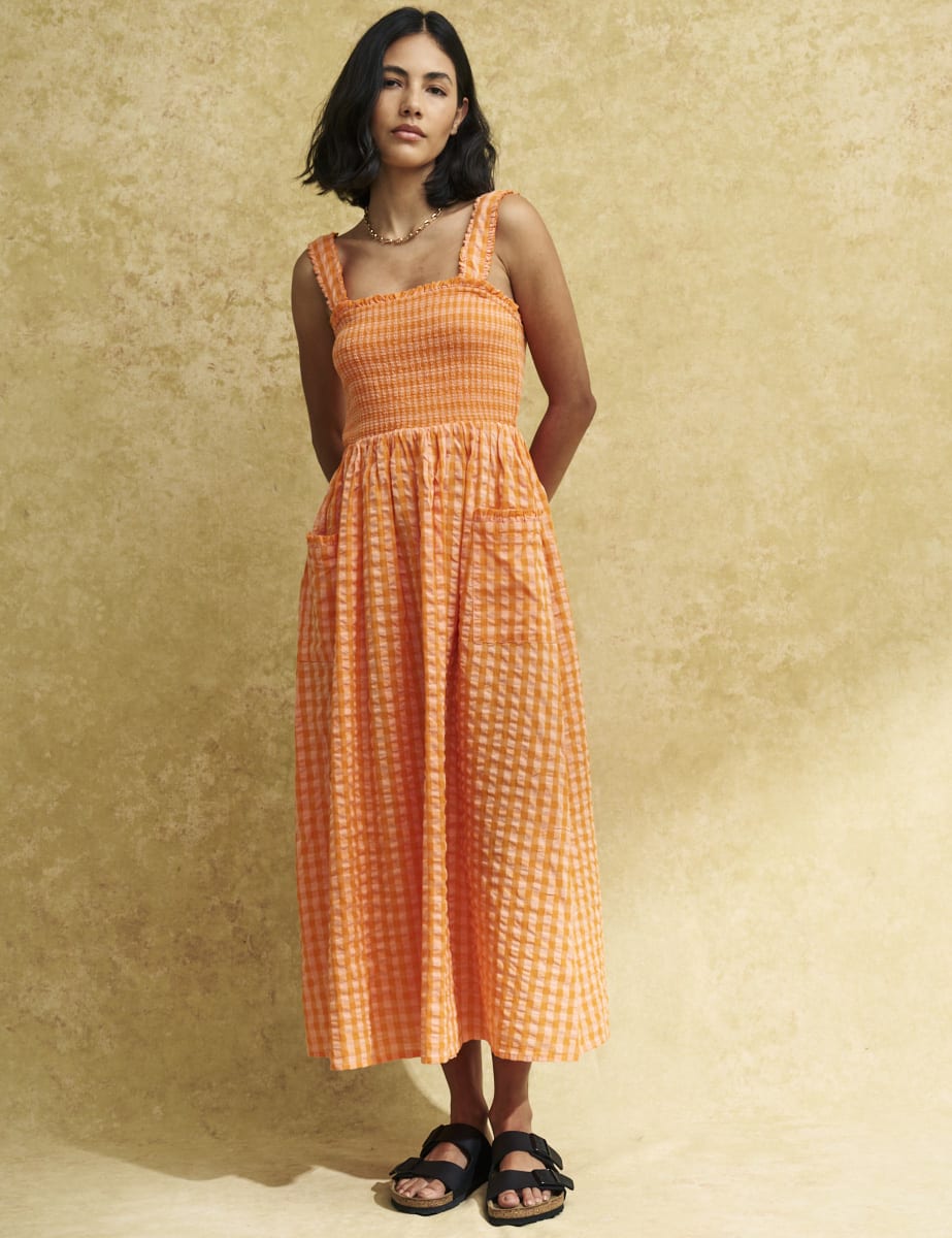 Orange Gingham Check Shirred Dionne Midi Dress