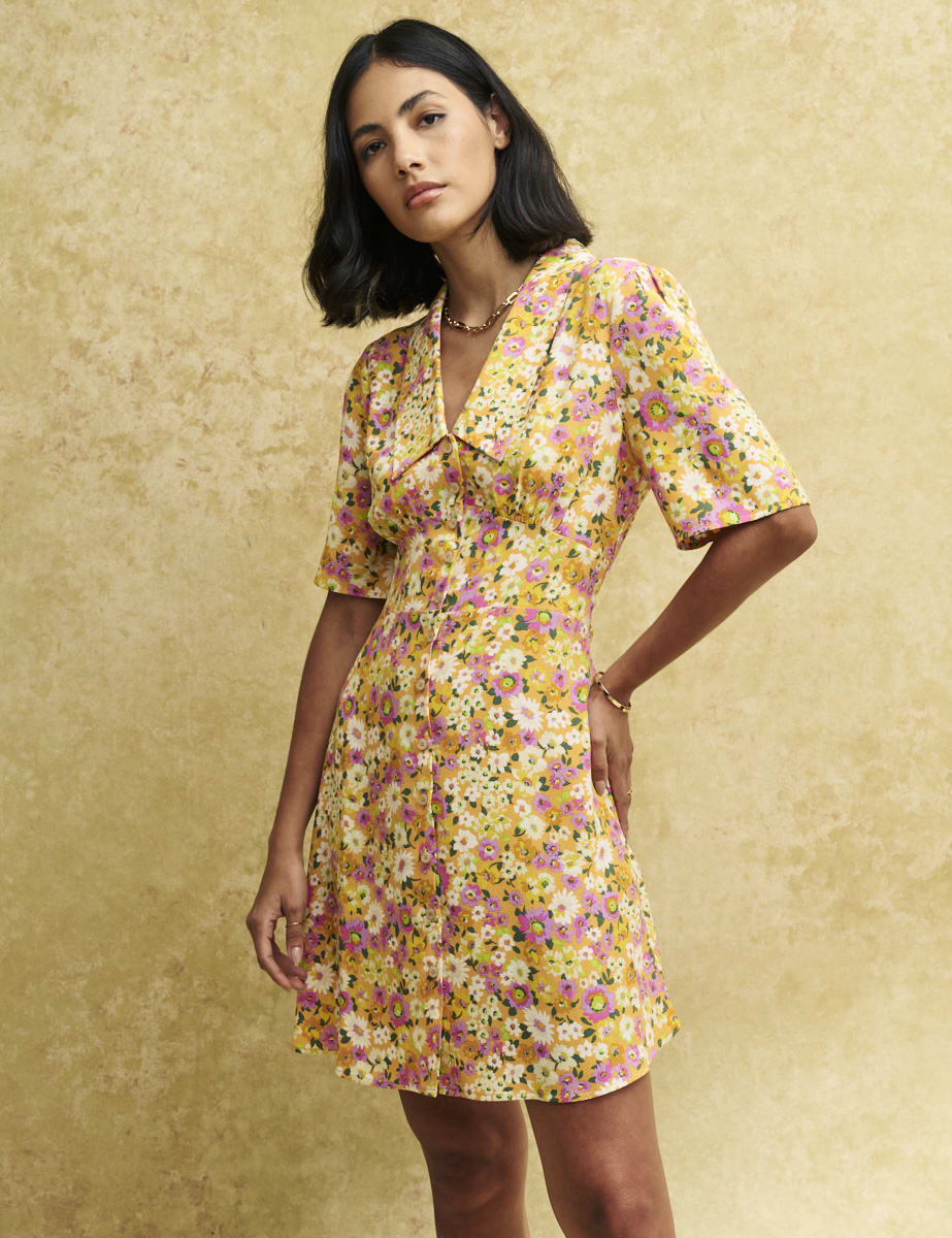 Yellow Floral Collared Daisy Mini Dress
