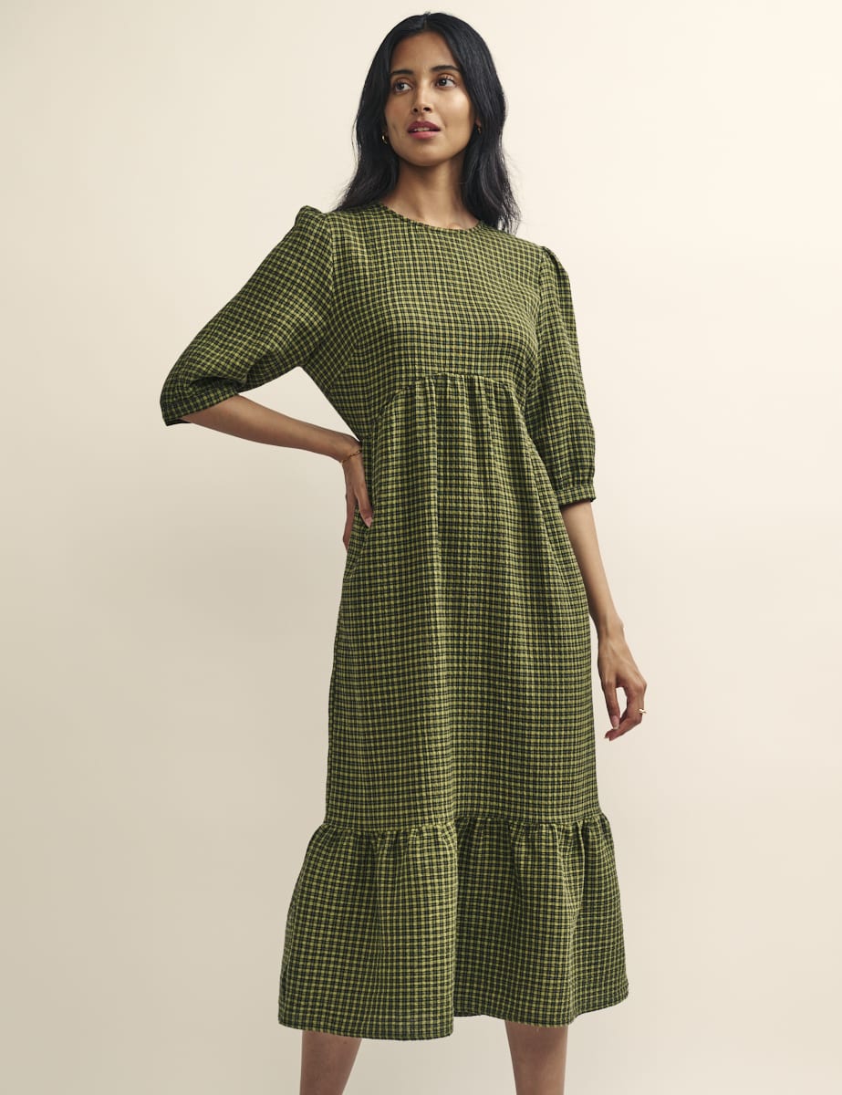 Khaki Green Gingham Check Rachel Midi Dress | Nobody's Child