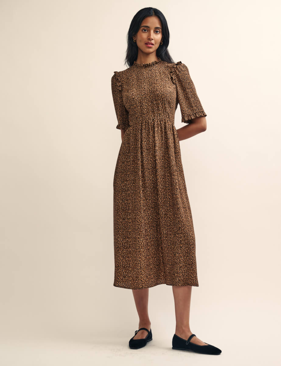 Leopard Print Ruffle Trimmed Ivy Midi Dress