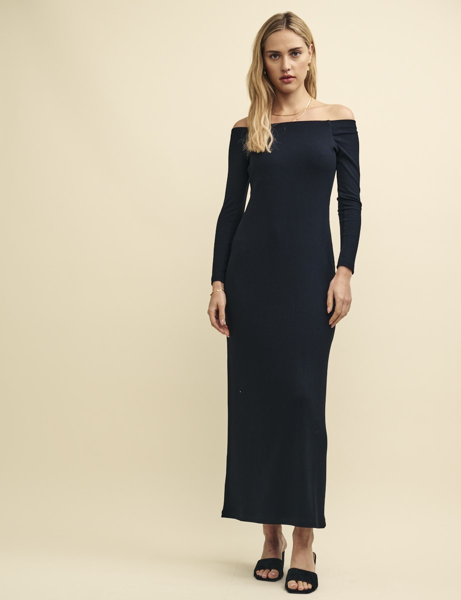 Black Jersey Long Sleeve Bardot Midaxi Dress