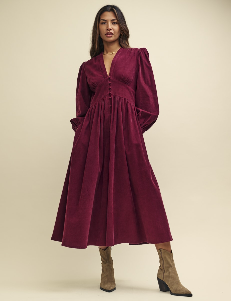 Burgundy Cord Long Sleeve Starlight Midaxi Dress