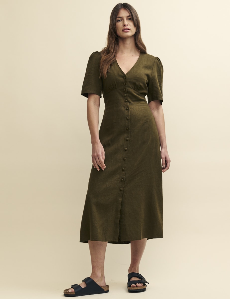 Khaki Green Linen-blend Alexa Midi Dress