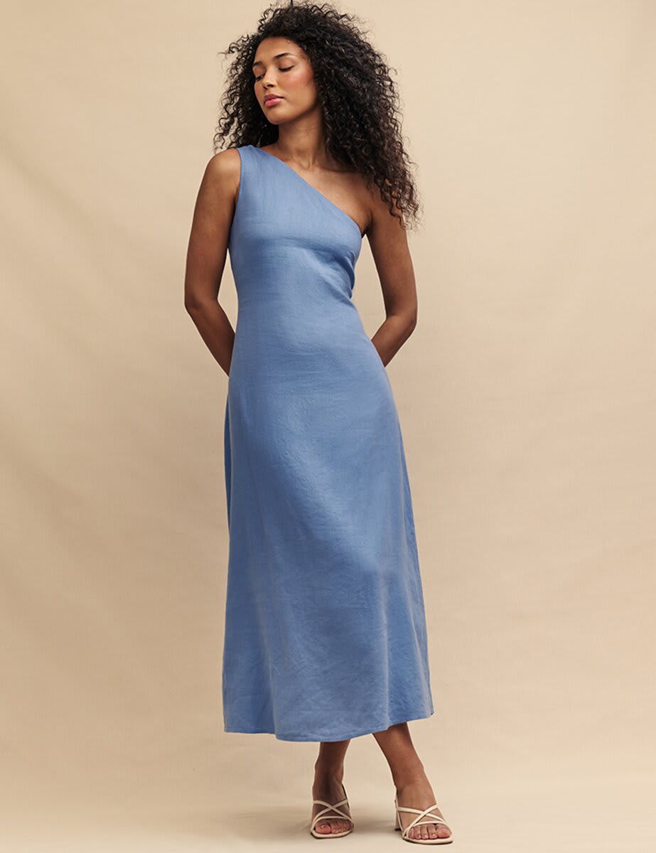 Blue Linen-blend One Shoulder Midi Dress