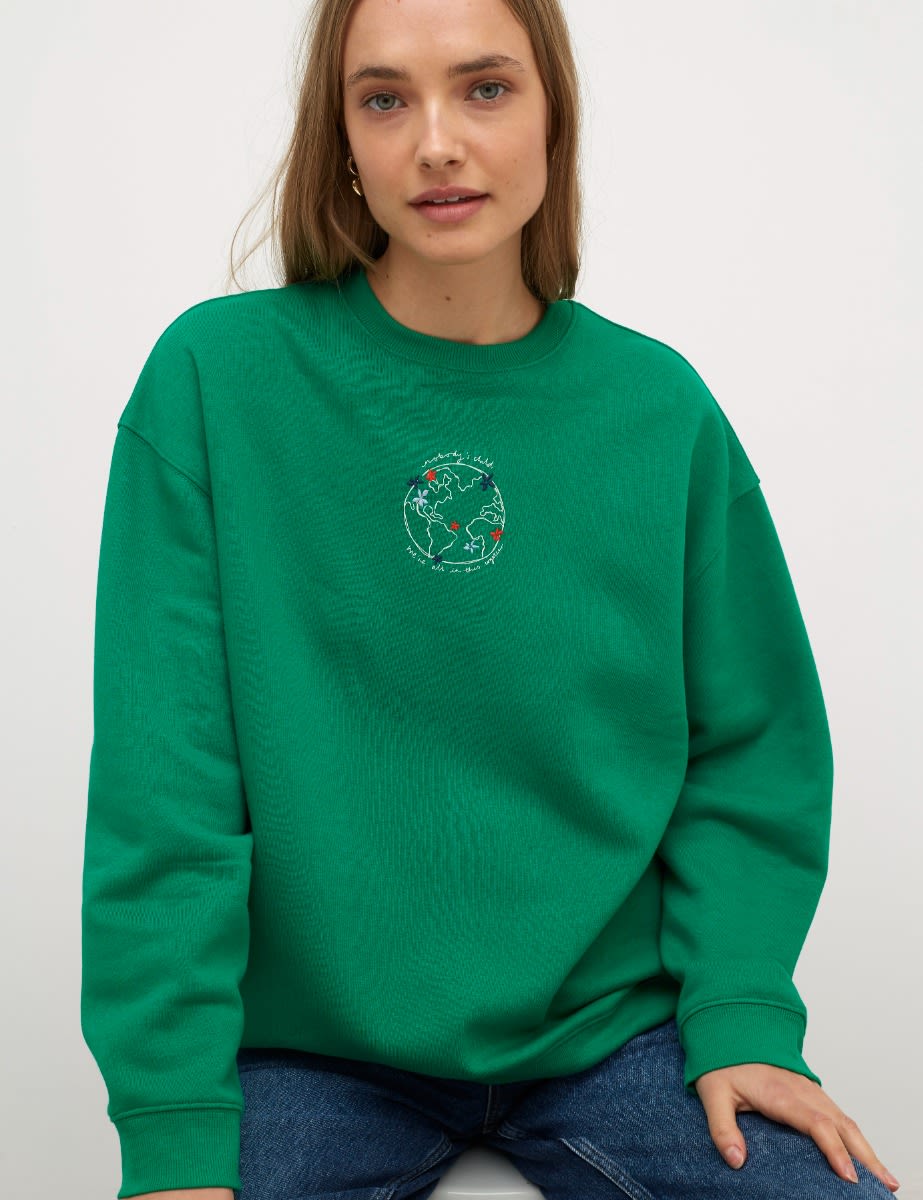 Green Earth Embroidered Boxy Crew Neck Sweater