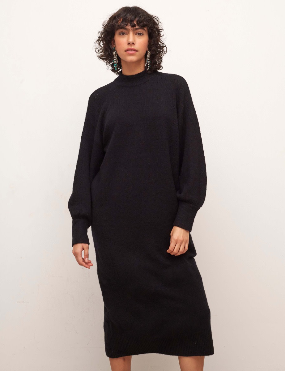 Black Pointelle Detail Midi Dress