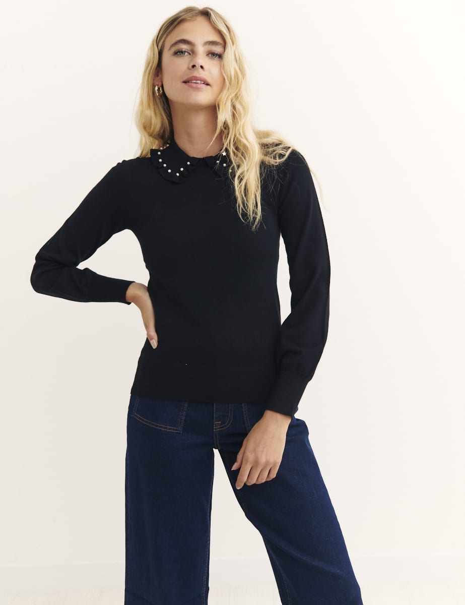 Black Scallop & Pearl Collar Knitted Top