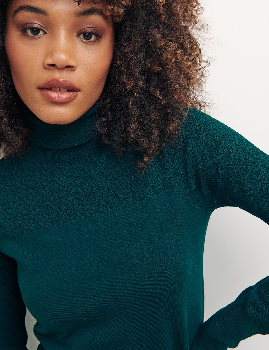 Green Pointelle Roll Neck Knit Top | Nobody's Child