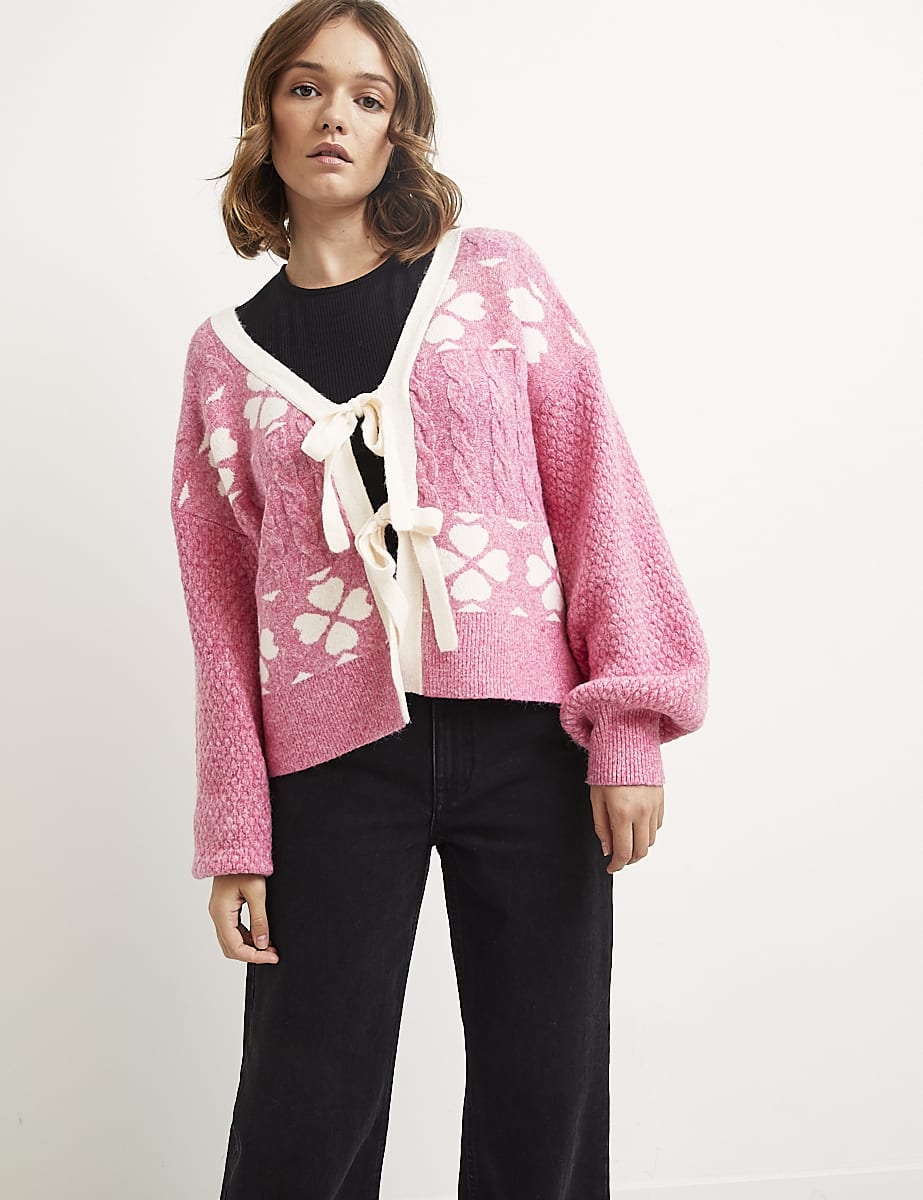 Pink Heart Jacquard & Cable Tie Cardigan 