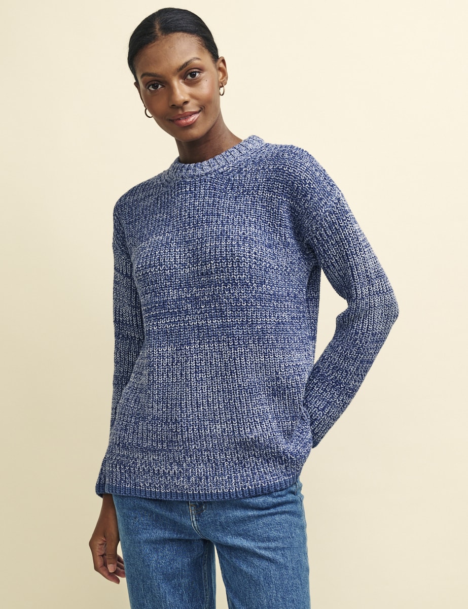 Blue Twisted Yarn Crew Neck Chunky Knitted Jumper