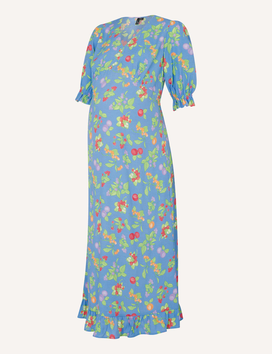 Maternity Blue Fruit Print Delilah Midi Dress