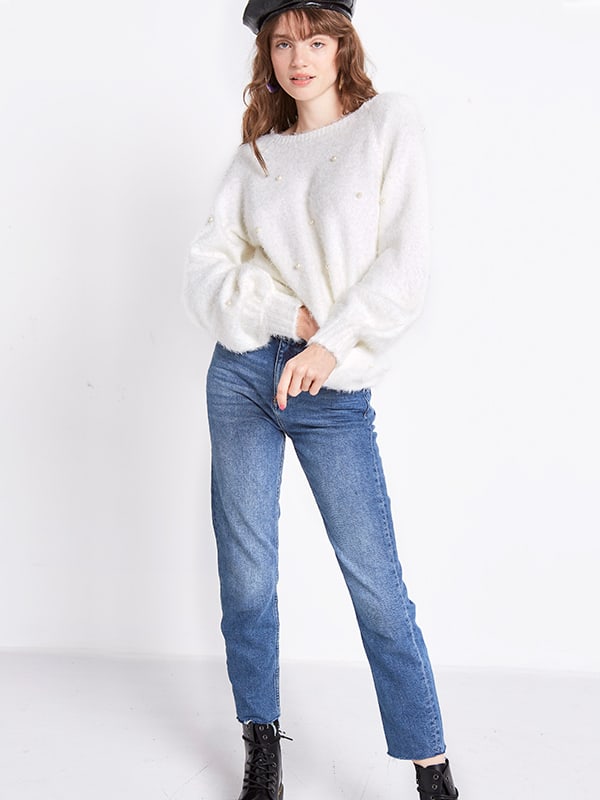 Cream Pearl Details Boxy Long Sleeve Jumper