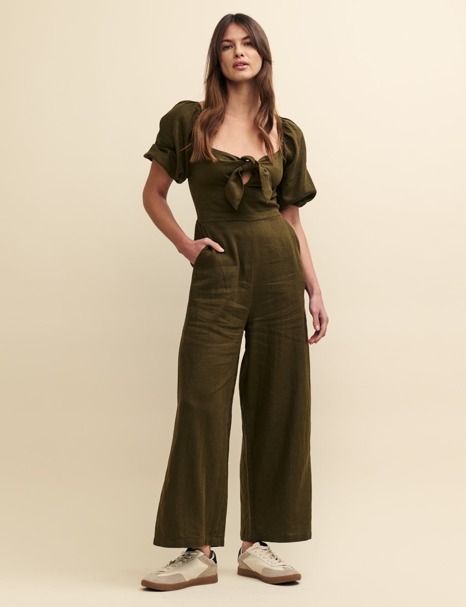 Khaki Linen-blend Simone Jumpsuit