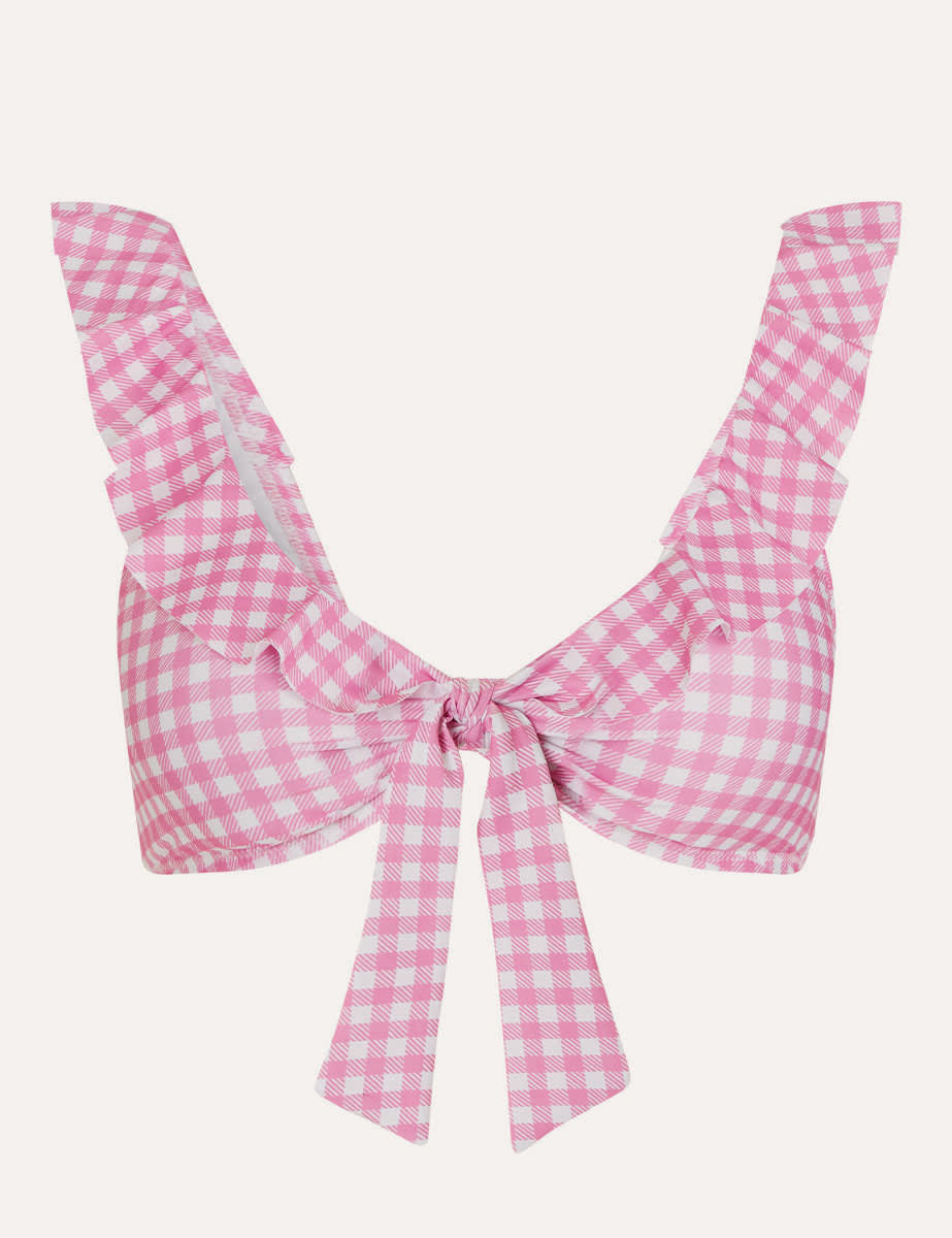 Pink Check Abbie Frill and Bow Bikini Top