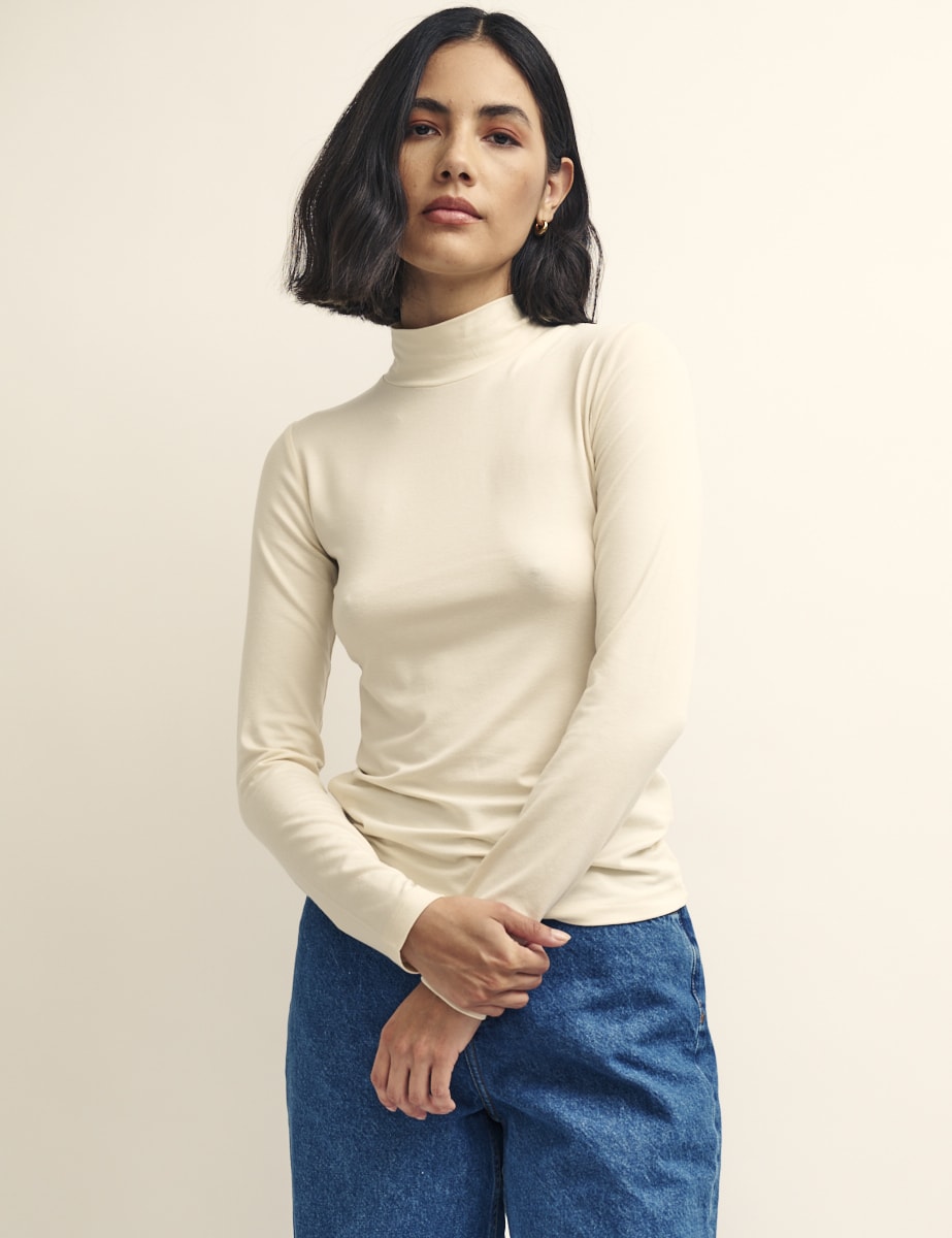 White Funnel Neck Long Sleeve Jersey Top