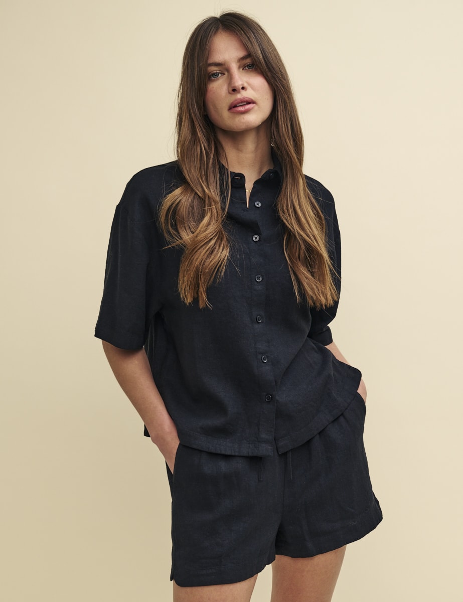Black Linen-blend Short Sleeve Jay Shirt
