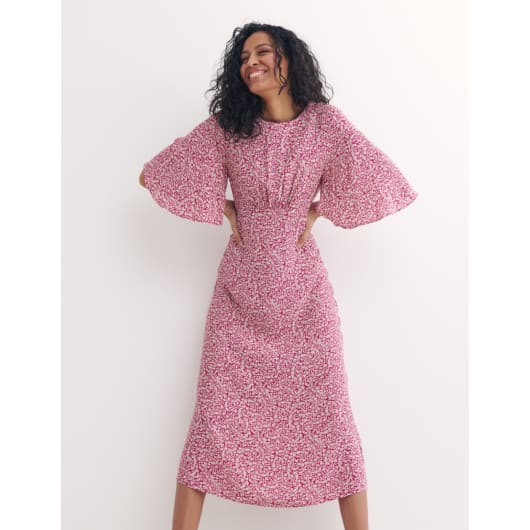 Pink Ditsy Floral Eva Flutter Sleeve Midi Dress | Nobody's Child