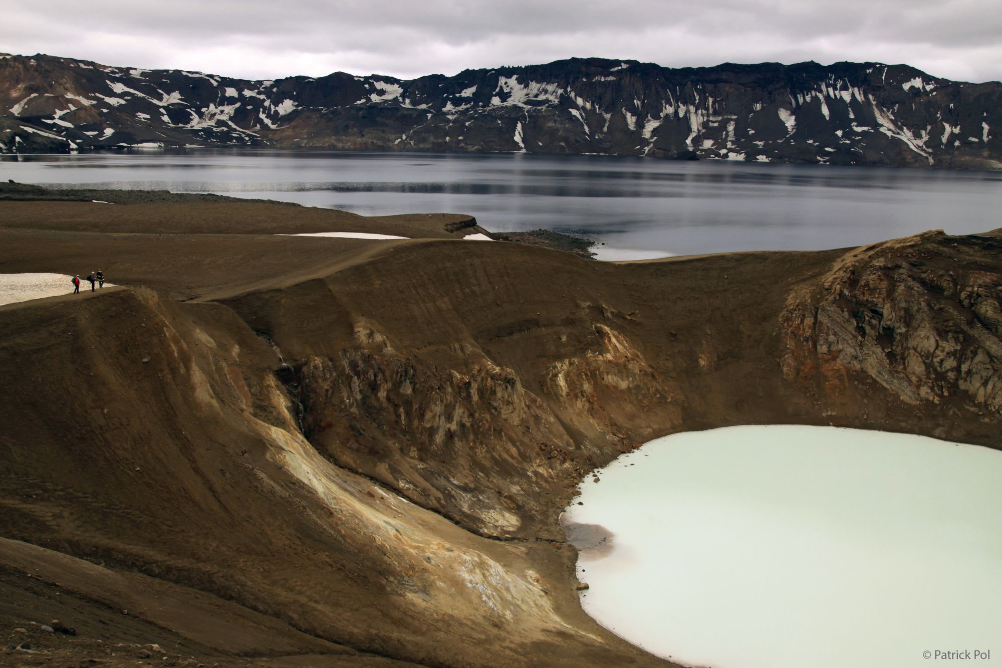 The Askja crater with on the foreground the Víti explosion crater, containing geothermal water