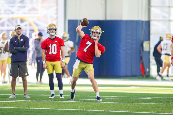 Notre Dame sophomore quarterback Brendon Clark (No. 7) and freshman quarterback Drew Pyne (No. 10)