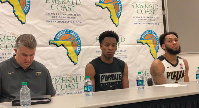 Matt Painter and Purdue guards Eric Hunter and Jahaad Proctor
