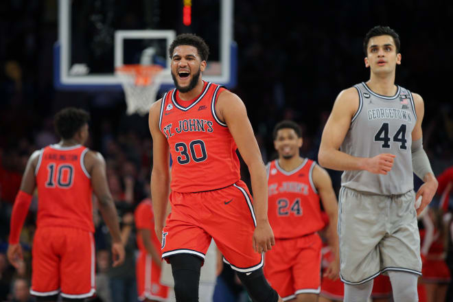 LJ Figueroa celebrates a 3-point shot during the 2020 Big East tournament at Madison Square Garden.