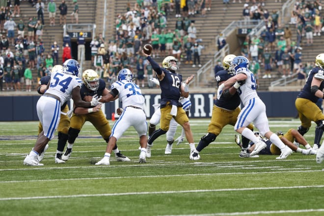 Notre Dame fifth-year senior quarterback Ian Book versus Duke on Saturday, Sept. 12