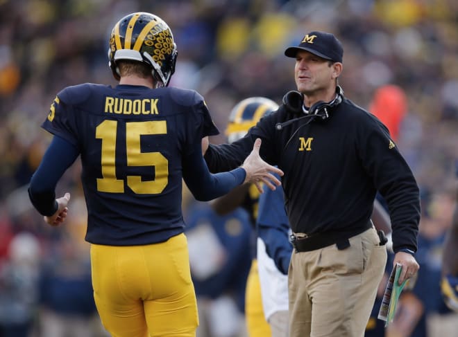 Michigan Wolverines football's Jake Rudock (left) and Jim Harbaugh