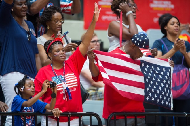 Family and fans cheer on Team USA U17 Sunday against Egypt, including Auburn legend and Wiley's mother, Vickie Orr (top left).