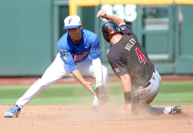 Texas Tech infielder Cory Raley (4) steals second base against Florida in the fourth inning in the 2016 College World Series at TD Ameritrade Park on Tuesday.