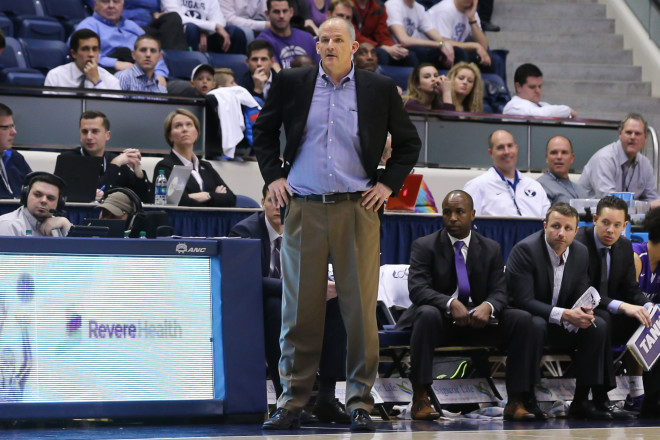 Feb 25, 2016; Provo, UT, USA; Portland Pilots head coach Eric Reveno watches the game from the sidelines during the second half against the Brigham Young Cougars at Marriott Center. Brigham Young Cougars won 99-81. 