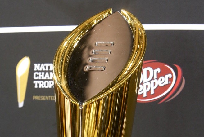 The National Championship Trophy is on display during Media Day in the Phoenix Convention Center Saturday, January 9, 2016. 