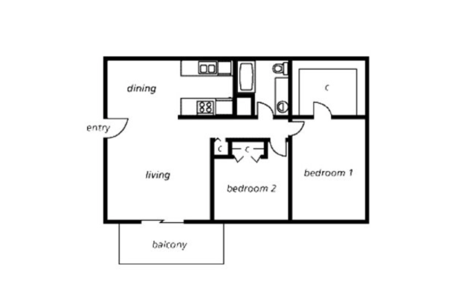 The floor plan of a two-bedroom apartment at The View at Catalina, where 5-6 players would reside. 