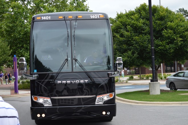 The ECU team bus arrives back at Clark-LeClair Stadium after the Pirates' thrilling regional title win.