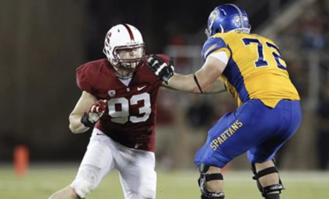 Wes Schweitzer blocking Stanford/Brophy alum Trent Murphy