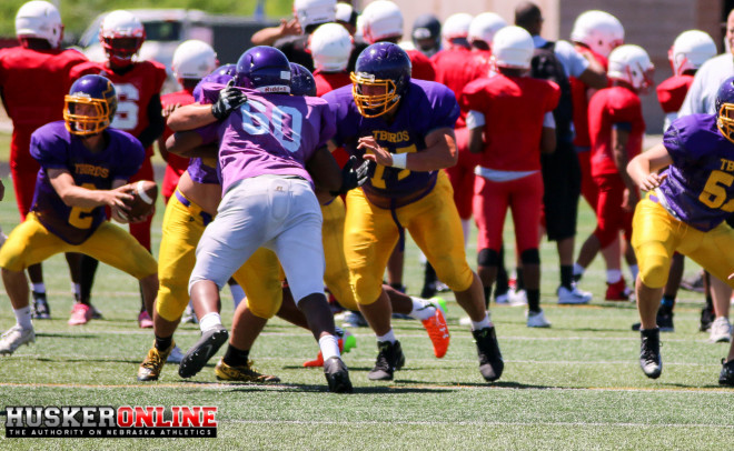 Bellevue West OL Tyler Ciurej looks to get a block against Omaha Central