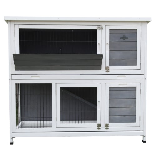 Confidence Pet Rabbit Hutch, 4ft 2-Story with Ramp Wooden Hutch, White/Grey